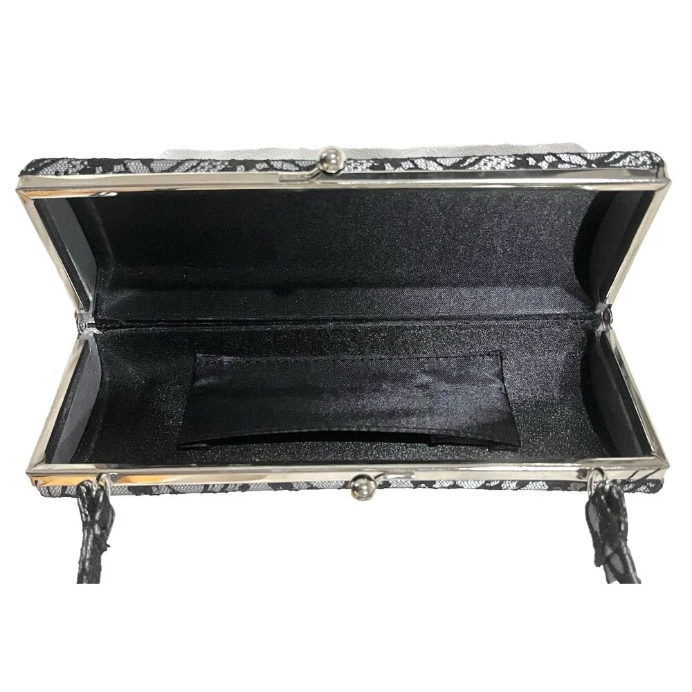 Elegant Vintage-style Black Lace Silver Clutch Purse Handbag 8.5 In Wedding Prom
